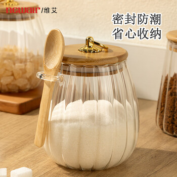 Newair sugar jar white sugar storage kitchen sugar jar brown sugar rock sugar household storage sealed glass jar high appearance round-with wooden spoon high borosilicate storage jar
