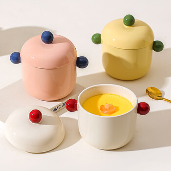 Kawashimaya cute stew pot household earthen pot stewed bird's nest for one person, water-proof stew pot, ceramic steamed egg custard special bowl, two-pack double-ear stew pot (white + yellow) 300ml