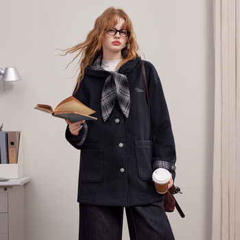 Unifree fall 25 style college style classic retro plaid letter embroidered warm hooded coat, navy blue l