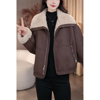 Gobanya lapel dirty resistant lamb fur all-in-one jacket short jacket 2025 winter new style plush small top thickened olive brown s recommended 90-100 catties