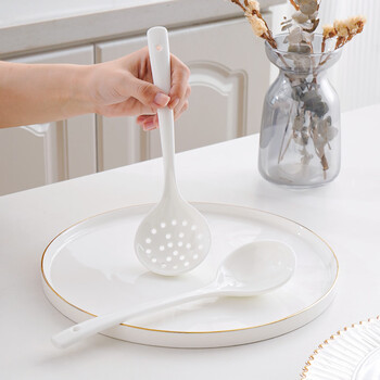 Pinjude tangshan bone china pure white hot pot spoon set draining spoon long handle colander ceramic large round spoon soup porridge spoon fishing spoon bone china pure white hot pot colander