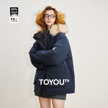 Chuyu contains 90 down down jacket for women 2025 winter new style fur collar hooded outdoor warm jacket, navy blue m