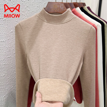 Miiow 25 autumn and winter sheep y velvet silk c silk bottoming shirt women's new women's clothing with german velvet warm turtleneck top plus velvet thickening oatmeal color middle collar l