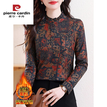Pierre cardin half turtleneck printed bottoming shirt for women, thickened german velvet mother's wear, high-end inner top, early autumn outfit, plus velvet sweater, picture color, this year's popular light luxury brand plus velvet l (100-115 pounds)