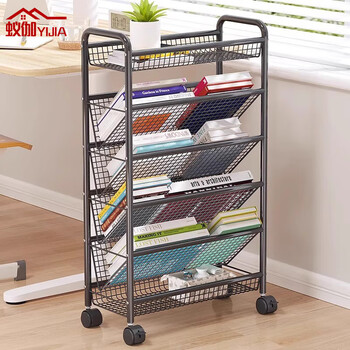 Yiga mobile bookshelf floor-standing multi-layer trolley household storage rack wheeled iron storage shelf black six layers