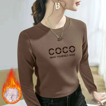 Xiliang yan de velvet round neck bottoming shirt for women 2025 new korean style autumn and winter versatile slim fit warm printed long-sleeved t-shirt top with velvet to keep out the cold light coffee color coco thick section anti-static 1 m recommended 80-100 pounds