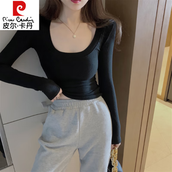 Pierre cardin hot girl niche chic sexy big u-neck long-sleeved t-shirt women's spring and autumn low-neck pure sexy western style inner top black long-sleeved s 80-95