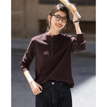 Demana 220g liter warm ginger velvet winter warm round neck button half placket solid color splicing women's t-shirt
