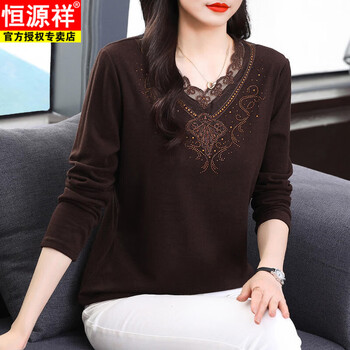 Hengyuan xiangde velvet bottoming shirt for women in autumn and winter new fashion lace splicing long-sleeved t-shirt large size with warm v-neck top dark brown m (recommended 85-110 pounds)