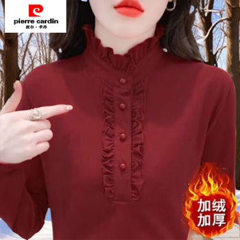 Pierre cardin tiansui 2025 winter new product ruffle color top plus velvet thickened slim fit warm t-shirt fashion welfare price ymwg-975 red counter high quality 4xl recommended 150-165 pounds