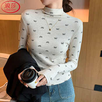 Langsha printed butterfly half turtleneck bottoming shirt for women in winter 2025 new slim long-sleeved warm brushed top