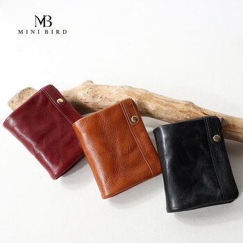 Minibird vegetable tanned first layer cowhide wallet women's casual genuine leather hand scratched short retro portable card holder anchor red