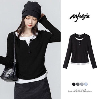 Mj style fake two-piece long-sleeved t-shirt for women 2026 spring and autumn new smocked waist slim fit soft and waxy comfortable inner layering shirt