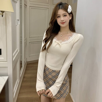 Miao yijia white lace bottoming shirt for women, which can be worn as an inner layer, a stylish black sweater, a new autumn slim fit top, pure desire, brushed pure desire lace bow long sleeves, white, one size fits all, recommended within 120 pounds