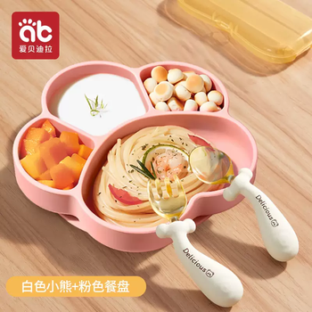 Yusenyi baby spoon learning to eat training silicone spoon newborn baby self-eating children's tableware ppsu vice white bear style fork spoon + cat claw powder dinner plate