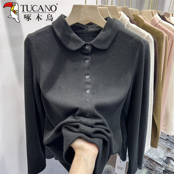 Woodpecker doll collar double-sided velvet shirt for women 2025 autumn and winter new style plus velvet thickened warm inner layering shirt top clothes black xl