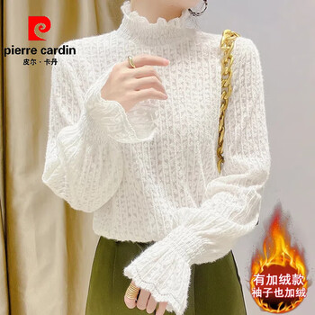 Pierre cardin turtleneck lace bottoming shirt for women in autumn and winter with frayed fashionable fungus edge ruffled sleeves mesh top fashionable t-shirt 2224 white full body plus velvet l
