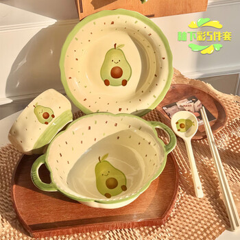 Zhenchu ju bowl and dish set, complete set of underglaze color cartoon household ceramic rice bowls, plates, chopsticks combination, housewarming gift, avocado tableware 5-piece set for one person, 5-piece set