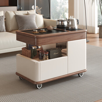 Yuedu movable coffee table living room home balcony small tea table tea table kettle tea integrated sofa side table side cabinet off-white + walnut color stainless steel water boiling set