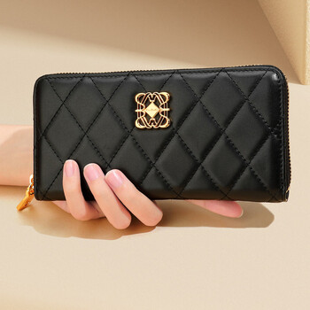 Pierre cardin first-layer cowhide women's wallet, wallet, ticket holder, fashionable coin purse, multi-functional long clutch bag with gift box, black 190*25*95 mm