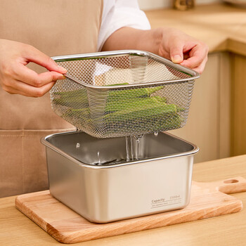 Wellmeet stainless steel dish basin rectangular drain basket kitchen household vegetable preparation basin food grade thickened fruit washing drain basket 2500ml drain basket-free lid-washable vegetables