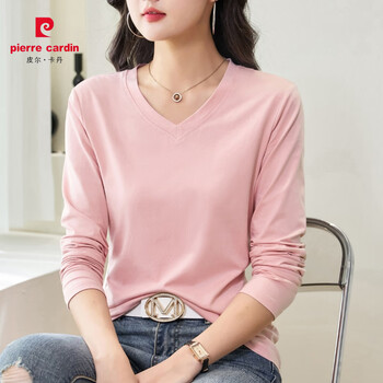 Pierre cardin bottoming shirt v-neck long-sleeved t-shirt women's bottoming shirt spring and autumn new style inner cotton fashion slim versatile top small shirt pink s