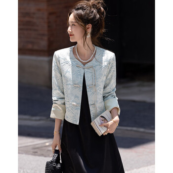 De mana (dme) cool white tea spring and autumn chinese style new chinese style round neck jacquard double placket tassel button hidden meat jacket women's short style