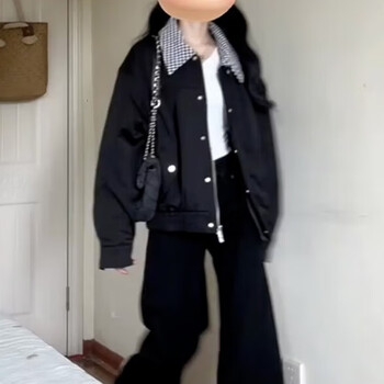 Miao yijia jacket women's autumn korean style lazy style small women's clothing 2025 new high-end versatile casual style baseball wear black korean style short plaid jacket baseball wear l recommended within 120 pounds