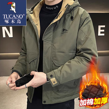 Woodpecker autumn and winter cotton thickened jacket men's youth cotton clothes casual hooded workwear windproof jacket men's 10602/8001 gray green thickened l (recommended 100-120 catties)