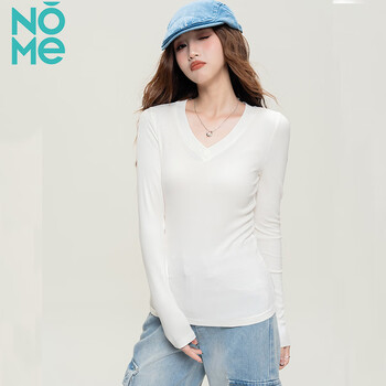 Nome long-sleeved t-shirt for women in autumn tight-fitting slim bottoming shirt with v-neck right shoulder top white xl
