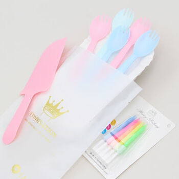 Sai lotto birthday fork plate candle paper plate colorful fork and spoon set combination four-in-one fork and plate tableware 5 colored forks 5 long plate pink candle 100 sets