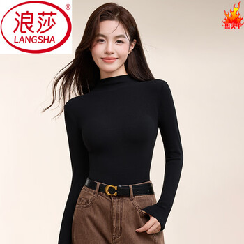 Langsha pure cotton half turtleneck long-sleeved bottoming shirt for women in autumn and winter with threaded slim fit elastic large size warm t-shirt top black one piece 2xl 140-160 catties