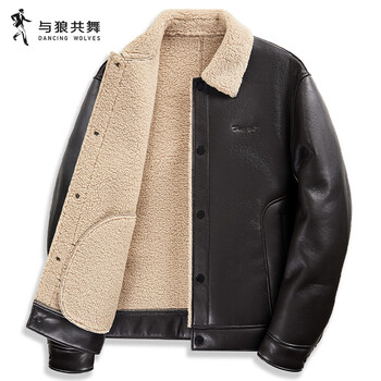 Dances with wolves, imitation lamb wool lining, classic lapel, pu leather warm men's thick jacket, 303 coffee l