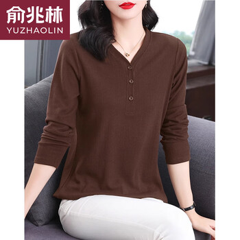Yu zhaolin spring and autumn pure cotton long-sleeved t-shirt for women autumn and winter 2025 new mother's wear loose versatile top for fat mm, coffee color l (recommended 105-120 pounds)