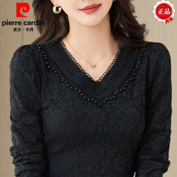 Pierre cardin velvet thickened bottoming shirt for women 2025 autumn and winter new long-sleeved slim large size v-neck lace warm and stylish shirt, warm black (without velvet) 5xl (155-170 pounds)