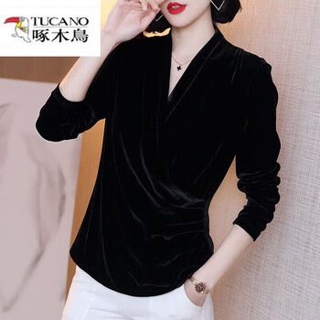 Woodpecker autumn and winter new gold velvet top women's long-sleeved middle-aged fashionable bottoming shirt v-neck t-shirt black gold velvet spring and autumn style xl recommended 120-135 pounds