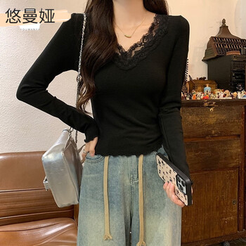 Youmanya autumn clothes women's tops fashionable lace bottoming tops women's autumn small fragrance style long-sleeved t-shirt pure desire v-neck slim short black l 100-110 jin