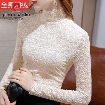 Pierre cardin with velvet/without velvet, autumn and winter lace bottoming shirt for women, crocheted hollow, western style inner long-sleeved temperament slim top, apricot plus velvet, m 95-105 catties