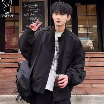 Playboy (playboy) 2025 short bomber jacket men's autumn and winter trendy brand american cotton thickened stand-up collar right shoulder jacket black (cotton thickened) xl