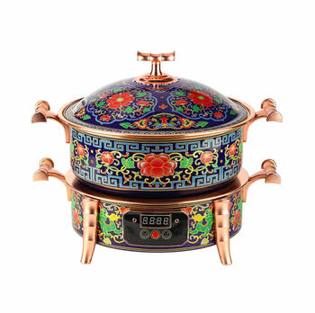 Zhen nuoyuan (zhennuoyuan) cloisonne copper hot pot old-fashioned household old beijing pure copper enamel hot pot double-layer commercial plug-in mutton shabu-shabu copper cloisonne double-layer copper hot pot-plug-in 4-6 people 30cm