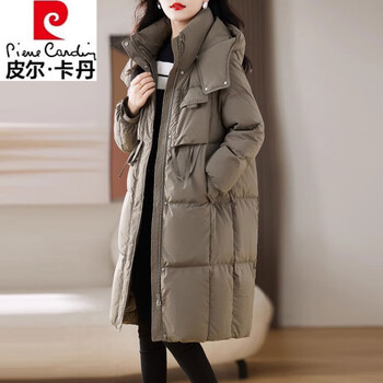 Pierre cardin brand down jacket for women winter mid-length 2025 new korean style fashion high-end knee-high white duck down hooded jacket tea green l recommended 100-115 catties