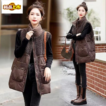 Chujing european station cotton vest women's mid-length style 2025 autumn new loose slimming spliced lightweight vest brown l l (95-110 catties recommended)