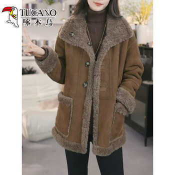 Woodpecker high-end 2025 new lamb velvet fur all-in-one jacket for women, mid-length lapel, double reversible, sheep shear plus velvet, light brown color l 121-135 catties