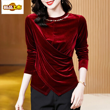 Chujing brand gold velvet long-sleeved top, noble and stylish young style women's autumn and winter bottoming shirt 2025 new style, burgundy l (105-114 pounds)