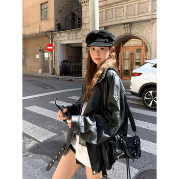 Jingdomeng cool style leather jacket women's 2025 autumn and winter new black loose motorcycle american style design leather jacket black l (105-120 catties)