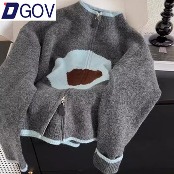 Dgov korean style contrasting color zipper knitted cardigan for women in autumn and winter, lazy and casual, versatile college style soft waxy sweater jacket for women, gray l, recommended 105-115 catties