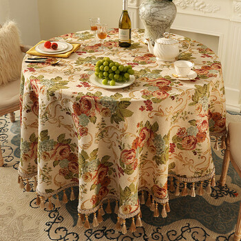 Pupan high-end round table tablecloth, light luxury, american large round household coffee table cloth, european style 2025 new tablecloth, flowers like brocade - rice (tassel style) 160cm diameter round tablecloth suitable for round tables with a diameter of 100-120cm