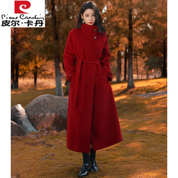 Pierre cardin red double-sided cashmere coat women's autumn and winter style korean loose sheep wool stand collar long woolen coat red m