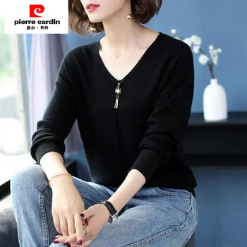 Pierre cardin v-neck sweater loose autumn 2025 spring and autumn new sweater short bottoming shirt with long-sleeved top for women tt150#yahei s recommended within 90 pounds
