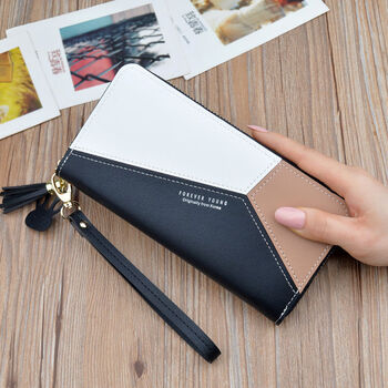 Youguan 2025 new wallet women's long zipper tassel mobile phone bag korean version contrast color large capacity coin clip handbag black